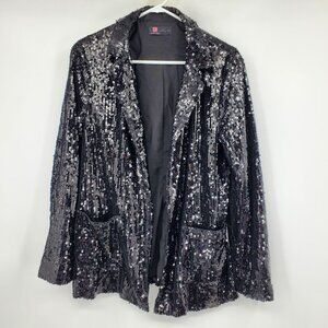 Kancy Kole Open Front Women's Black All Over Sequin Blazer Suit Jacket Large